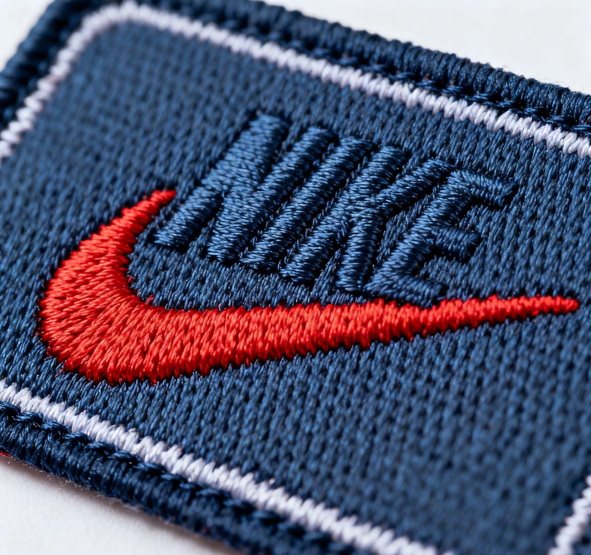 Custom woven logo label showing fine texture and vibrant colors.